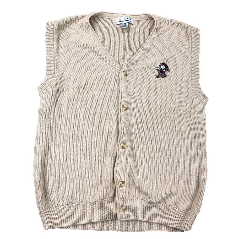 Vintage Mickey Mouse Golf Sweater Vest‎ Men Large Tan Cardigan Grandpa 80s 90s